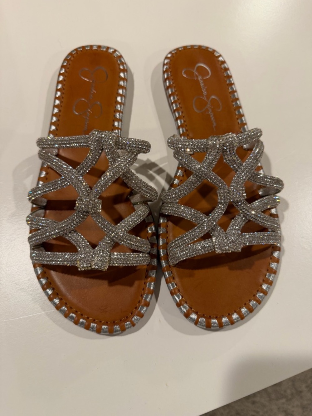 Jessica Simpson Silver Sparkly Crystal Strappy Slide Sandals
